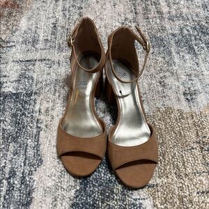 Worthington Tan Suede Open-Toe Ankle Strap Block Heels